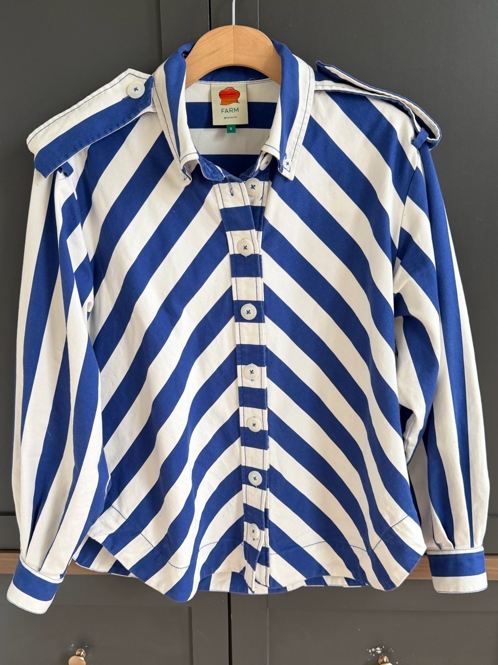 FARM Rio Blue Striped Long Sleeve Shirt | Button-Up Top | S